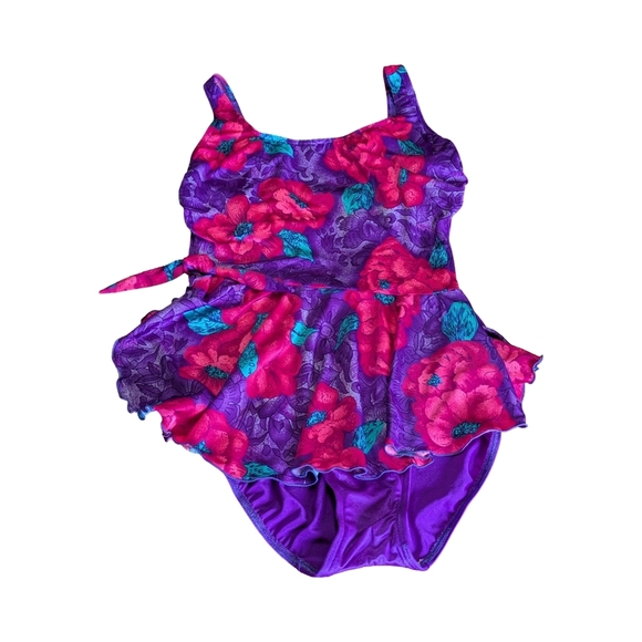 Christina Peplum Hem 80s / 90s Vintage Low Cut Back One Piece Floral Swimsuit - Picture 4 of 10